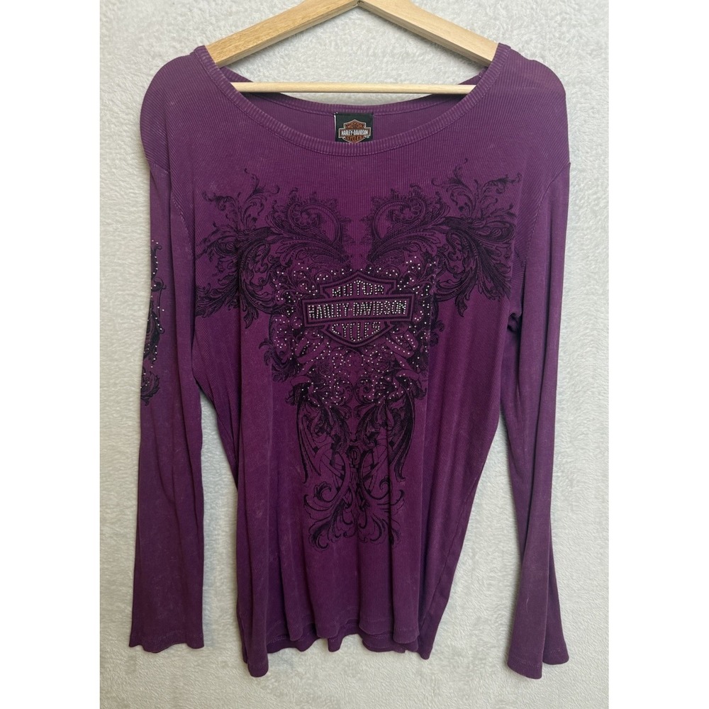 Y2K Harley Davidson Purple Ribbed Long Sleeve Shirt Rhinestone Biker Women's XXL